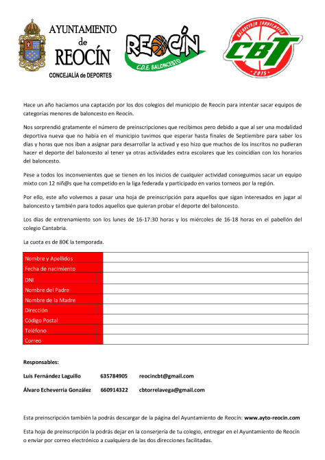 Hoja de inscripcion baloncesto
