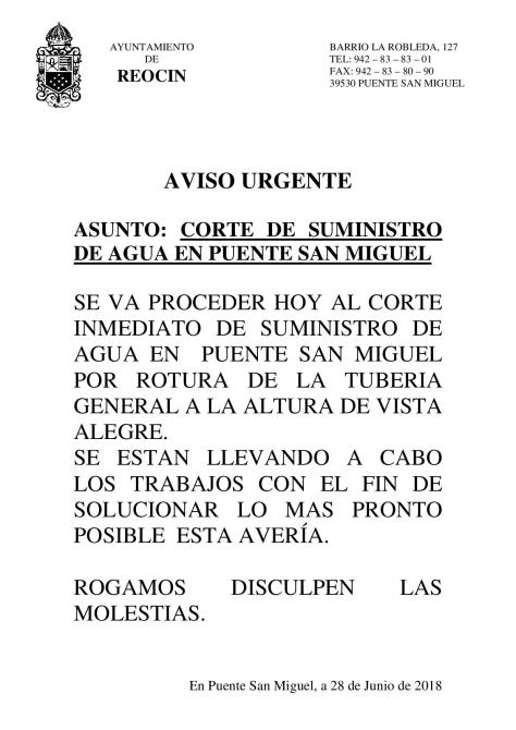 CORTE DE SUMINISTRO DE AGUA EN PUENTE SAN MIGUEL 28JUNIO2018